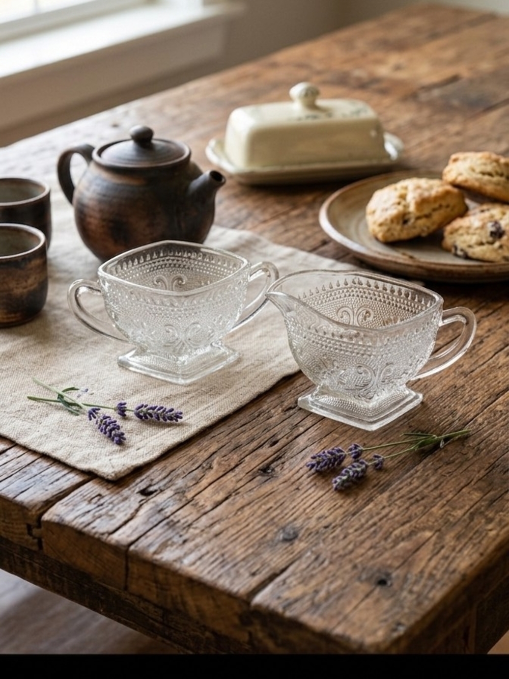 Vintage Pressed Glass Creamer & Sugar Bowl Set with Handles